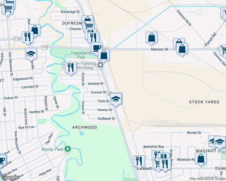 map of restaurants, bars, coffee shops, grocery stores, and more near 740 Archibald Street in Winnipeg