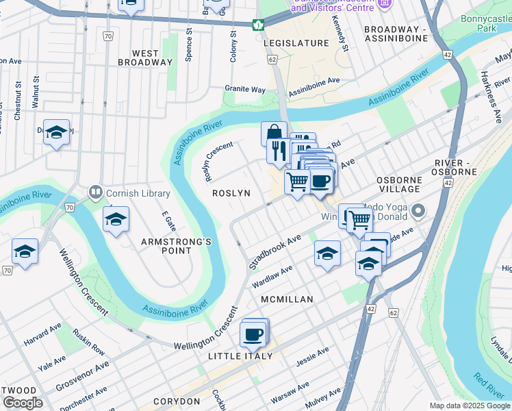 map of restaurants, bars, coffee shops, grocery stores, and more near 555 River Avenue in Winnipeg