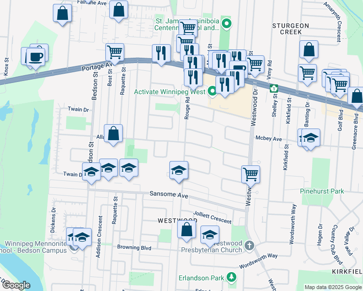 map of restaurants, bars, coffee shops, grocery stores, and more near 2 Allard Avenue in Winnipeg
