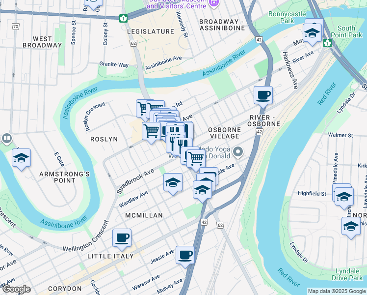map of restaurants, bars, coffee shops, grocery stores, and more near 445 Stradbrook Avenue in Winnipeg