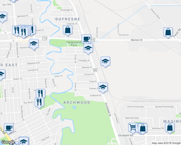 map of restaurants, bars, coffee shops, grocery stores, and more near 601 Cusson Street in Winnipeg