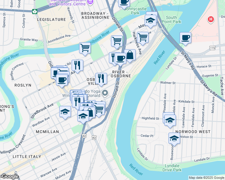 map of restaurants, bars, coffee shops, grocery stores, and more near 2 Donald Street in Winnipeg