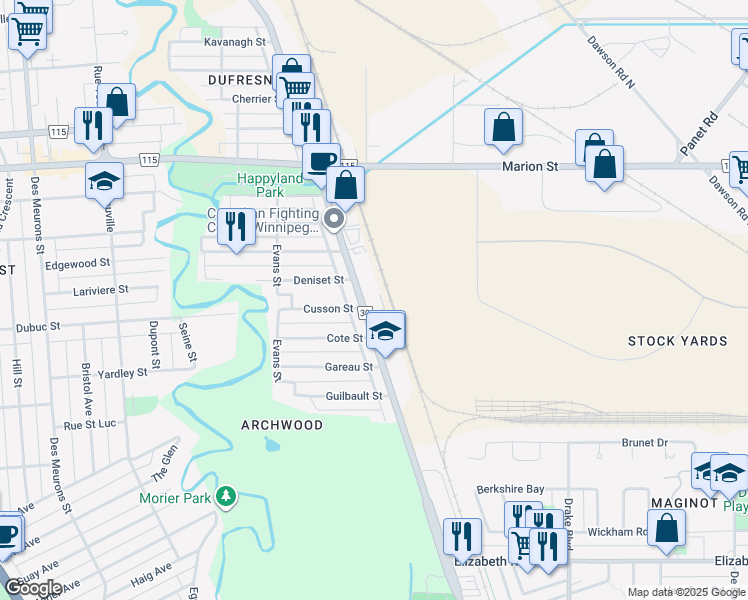 map of restaurants, bars, coffee shops, grocery stores, and more near 740 Archibald Street in Winnipeg