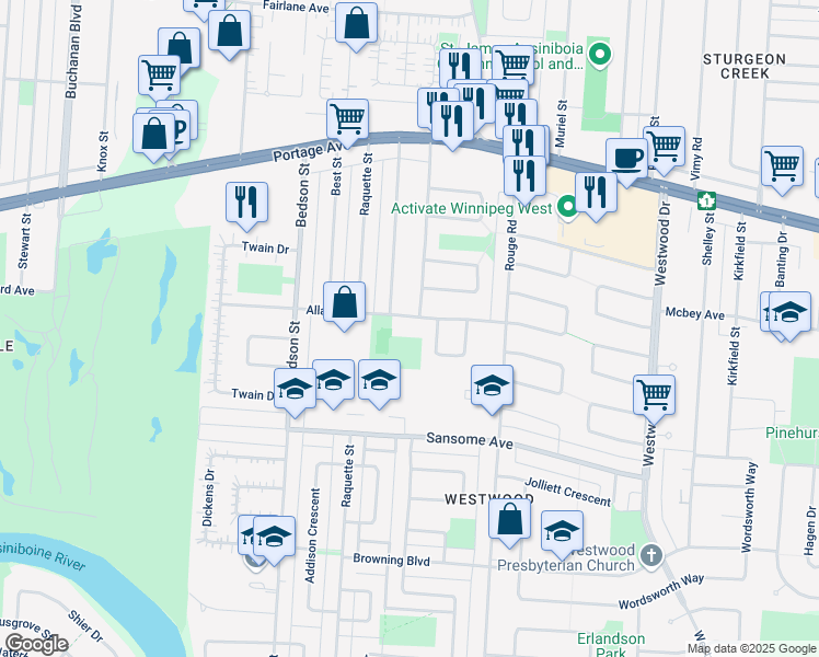 map of restaurants, bars, coffee shops, grocery stores, and more near 66 Allard Avenue in Winnipeg