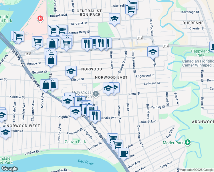 map of restaurants, bars, coffee shops, grocery stores, and more near Enfield Crescent in Winnipeg