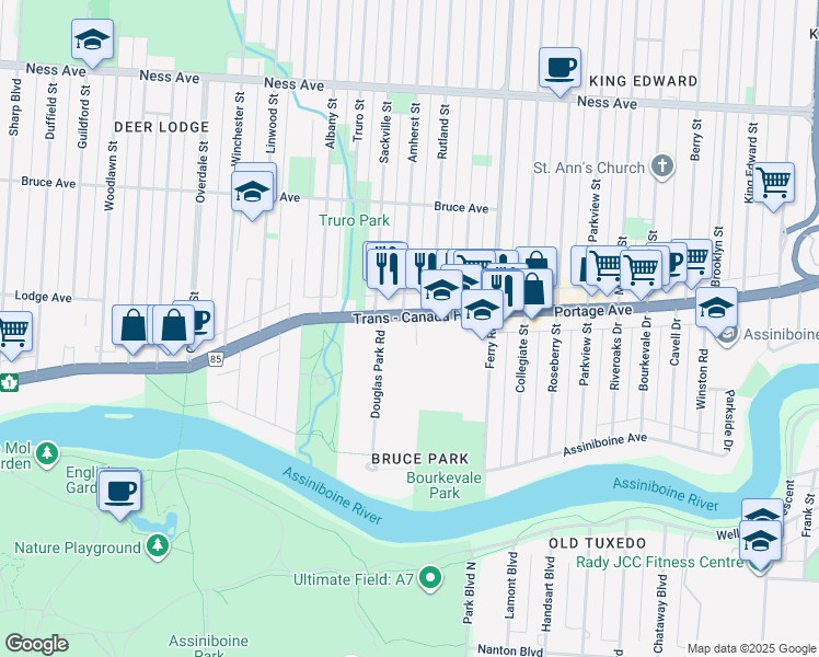 map of restaurants, bars, coffee shops, grocery stores, and more near 1918 Portage Avenue in Winnipeg