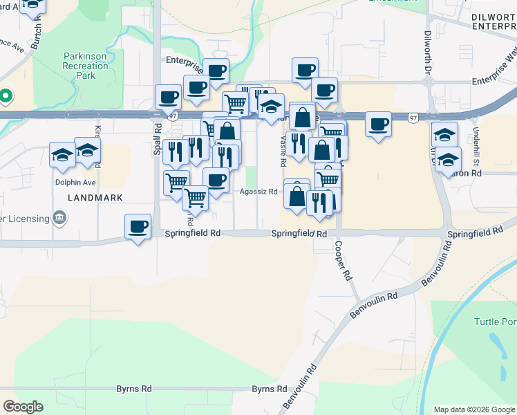 map of restaurants, bars, coffee shops, grocery stores, and more near 1933 Barlee Road in Kelowna