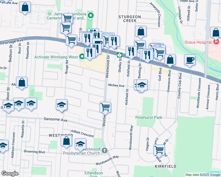 map of restaurants, bars, coffee shops, grocery stores, and more near 401 Westwood Drive in Winnipeg
