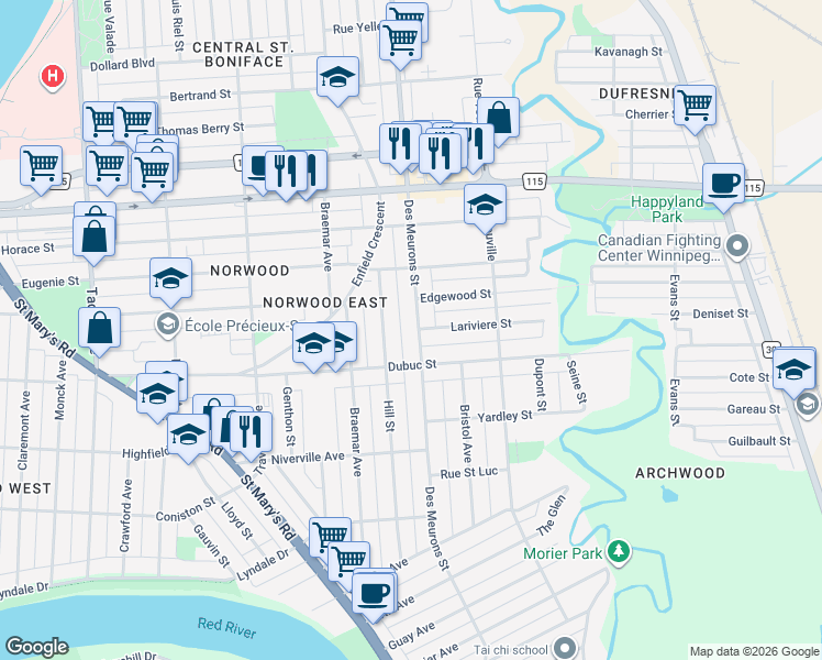 map of restaurants, bars, coffee shops, grocery stores, and more near 201 Des Meurons Street in Winnipeg