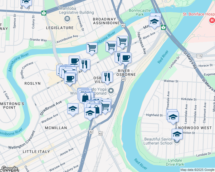 map of restaurants, bars, coffee shops, grocery stores, and more near 174b Scott Street in Winnipeg