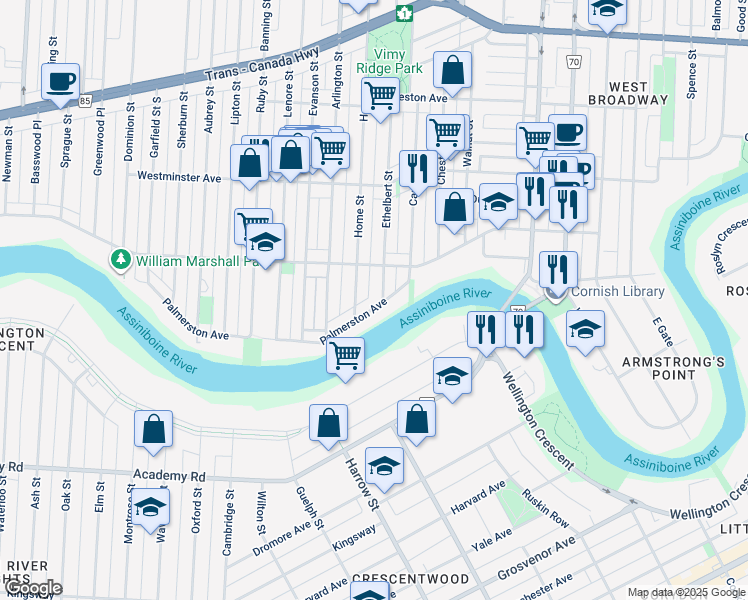 map of restaurants, bars, coffee shops, grocery stores, and more near 895 Palmerston Avenue in Winnipeg