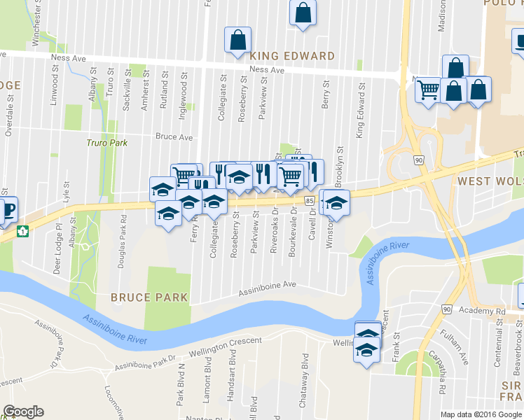 map of restaurants, bars, coffee shops, grocery stores, and more near 195 Parkview Street in Winnipeg