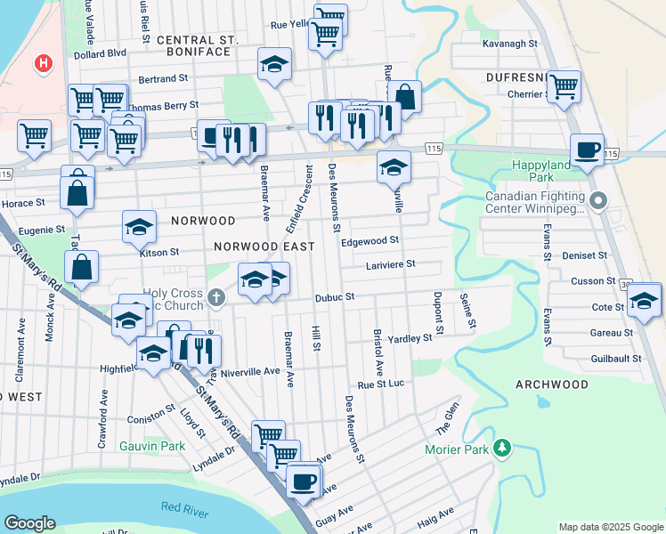 map of restaurants, bars, coffee shops, grocery stores, and more near 201 Des Meurons Street in Winnipeg