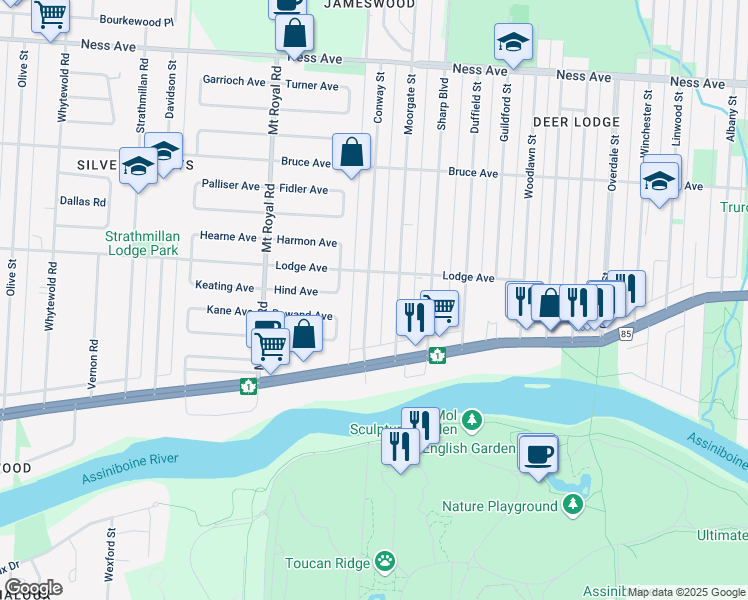 map of restaurants, bars, coffee shops, grocery stores, and more near 237 Conway Street in Winnipeg
