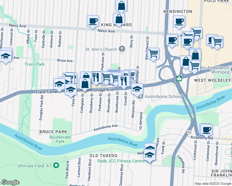 map of restaurants, bars, coffee shops, grocery stores, and more near 1800 Portage Avenue in Winnipeg