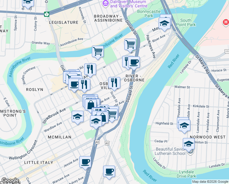 map of restaurants, bars, coffee shops, grocery stores, and more near 162 Scott Street in Winnipeg
