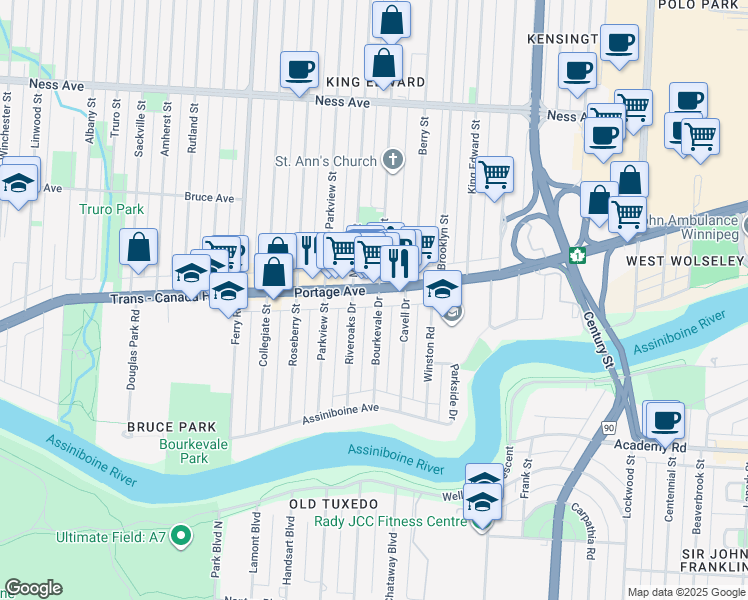 map of restaurants, bars, coffee shops, grocery stores, and more near 1800 Portage Avenue in Winnipeg