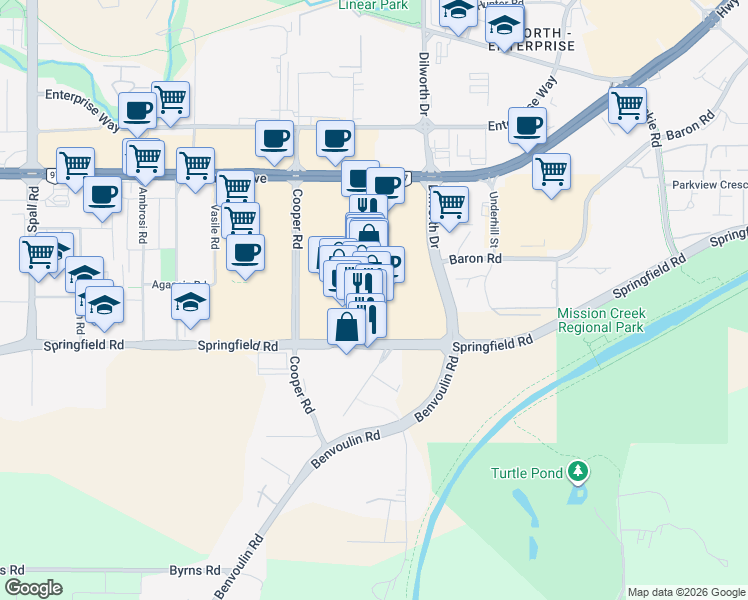 map of restaurants, bars, coffee shops, grocery stores, and more near 1435 Water Street in Kelowna