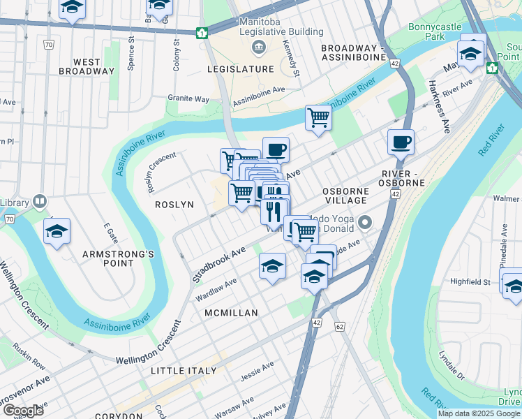 map of restaurants, bars, coffee shops, grocery stores, and more near 129 Osborne Street in Winnipeg