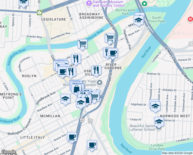 map of restaurants, bars, coffee shops, grocery stores, and more near 162 Scott Street in Winnipeg