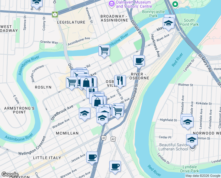 map of restaurants, bars, coffee shops, grocery stores, and more near 378 Stradbrook Avenue in Winnipeg