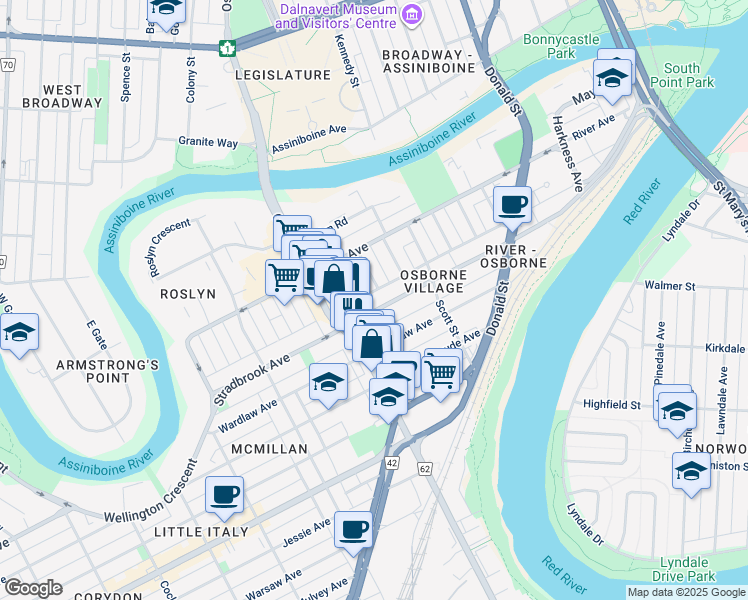 map of restaurants, bars, coffee shops, grocery stores, and more near 414 Stradbrook Avenue in Winnipeg