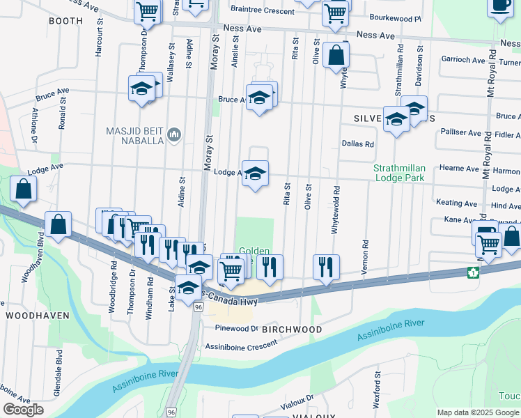 map of restaurants, bars, coffee shops, grocery stores, and more near 350 Lodge Avenue in Winnipeg