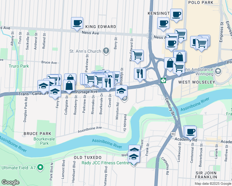 map of restaurants, bars, coffee shops, grocery stores, and more near 1780 Portage Avenue in Winnipeg