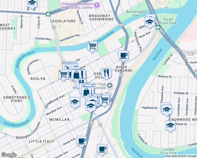 map of restaurants, bars, coffee shops, grocery stores, and more near 370 Stradbrook Avenue in Winnipeg