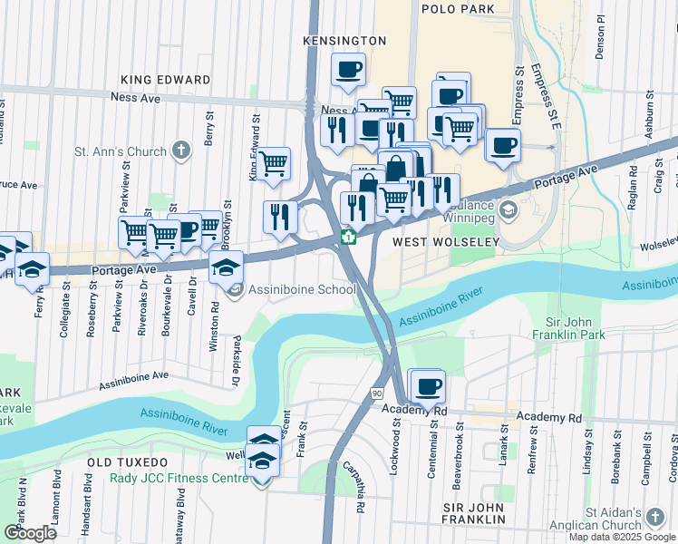 map of restaurants, bars, coffee shops, grocery stores, and more near 1700 Portage Avenue in Winnipeg
