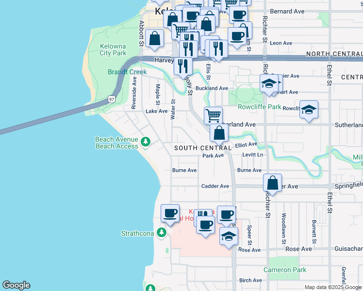 map of restaurants, bars, coffee shops, grocery stores, and more near 361 Beach Avenue in Kelowna
