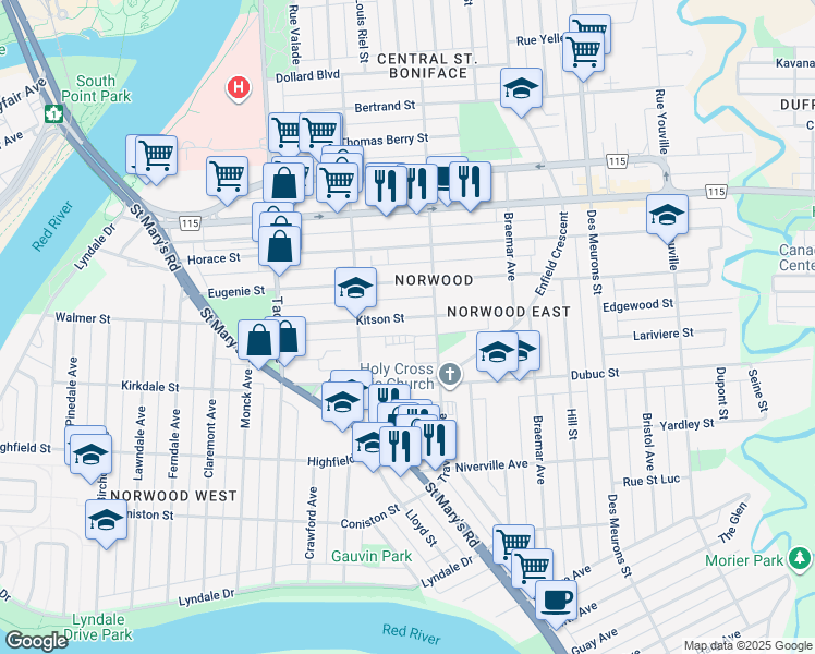 map of restaurants, bars, coffee shops, grocery stores, and more near 218 Kitson Street in Winnipeg