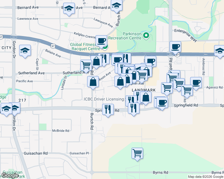 map of restaurants, bars, coffee shops, grocery stores, and more near 1961 Dunn Street in Kelowna