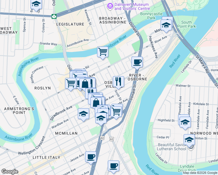 map of restaurants, bars, coffee shops, grocery stores, and more near 370 Stradbrook Avenue in Winnipeg