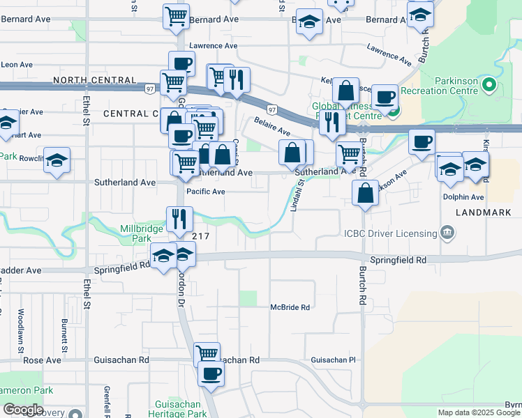 map of restaurants, bars, coffee shops, grocery stores, and more near 1960 Pacific Court in Kelowna