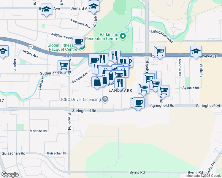 map of restaurants, bars, coffee shops, grocery stores, and more near 1735 Dolphin Avenue in Kelowna