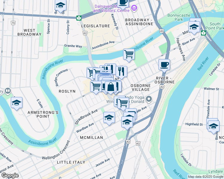 map of restaurants, bars, coffee shops, grocery stores, and more near 4-433 River Avenue in Winnipeg