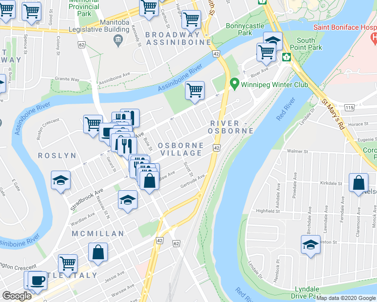 map of restaurants, bars, coffee shops, grocery stores, and more near in Winnipeg