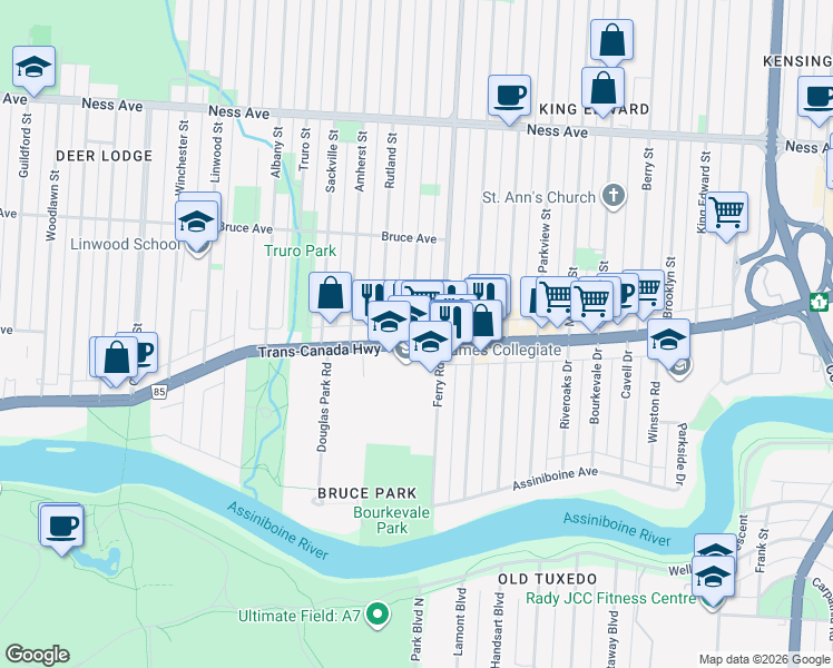 map of restaurants, bars, coffee shops, grocery stores, and more near 1881 Portage Avenue in Winnipeg