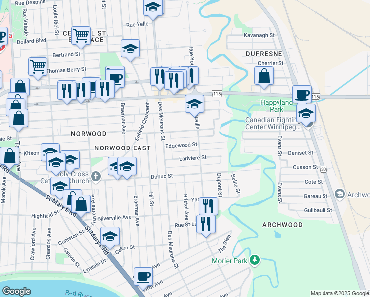 map of restaurants, bars, coffee shops, grocery stores, and more near in Winnipeg