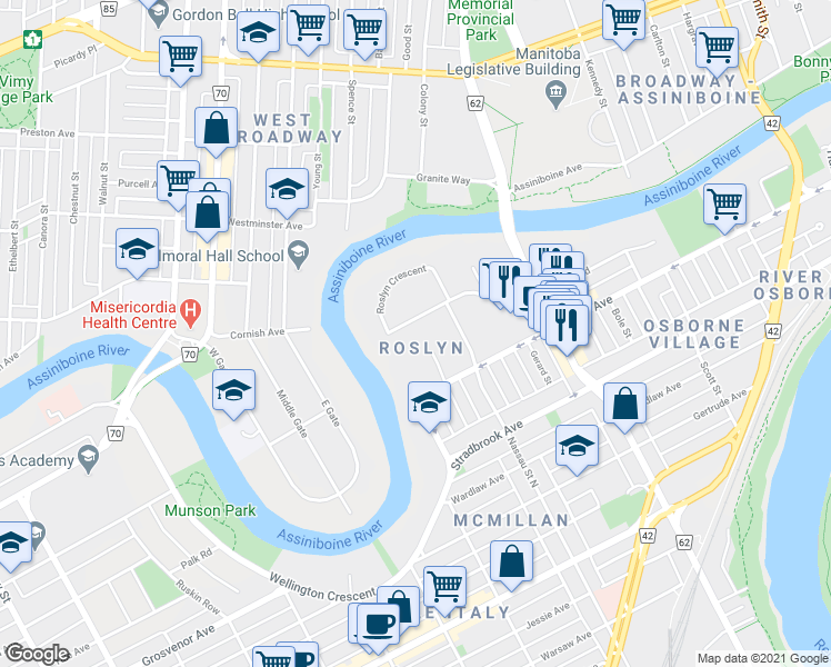 map of restaurants, bars, coffee shops, grocery stores, and more near 229 Roslyn Road in Winnipeg