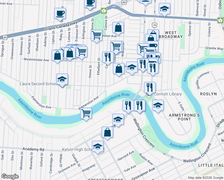 map of restaurants, bars, coffee shops, grocery stores, and more near 826 Wolseley Avenue in Winnipeg