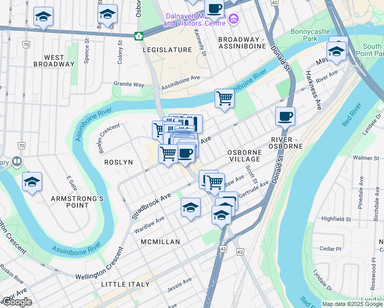 map of restaurants, bars, coffee shops, grocery stores, and more near 107 Pulford Street in Winnipeg
