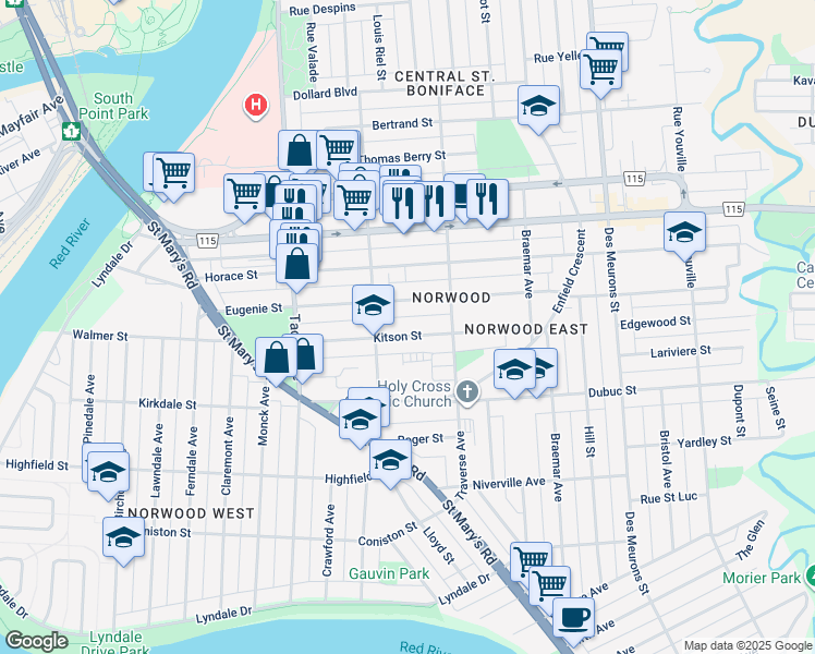 map of restaurants, bars, coffee shops, grocery stores, and more near 200 Eugenie Street in Winnipeg