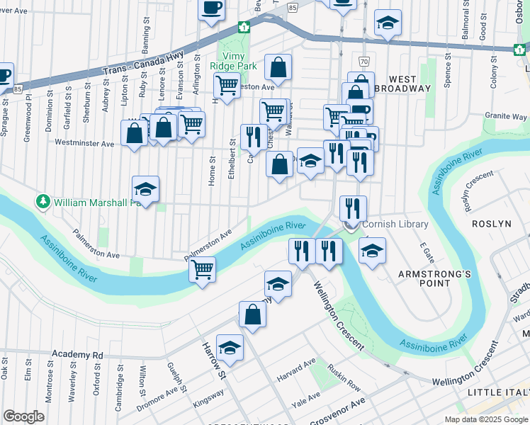 map of restaurants, bars, coffee shops, grocery stores, and more near 58 Chestnut Street in Winnipeg