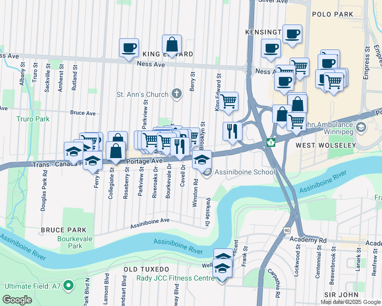 map of restaurants, bars, coffee shops, grocery stores, and more near 204 Brooklyn Street in Winnipeg