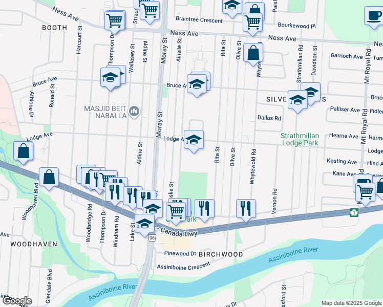 map of restaurants, bars, coffee shops, grocery stores, and more near 360 Lodge Avenue in Winnipeg