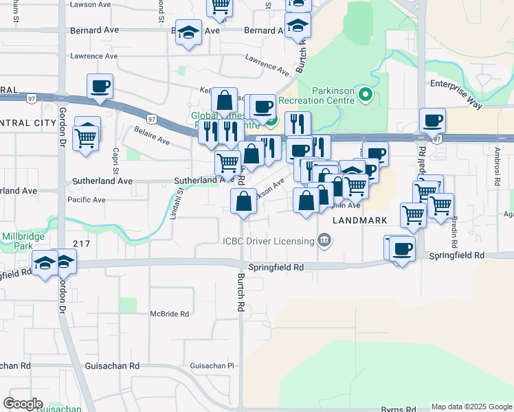 map of restaurants, bars, coffee shops, grocery stores, and more near 1525 Dickson Avenue in Kelowna