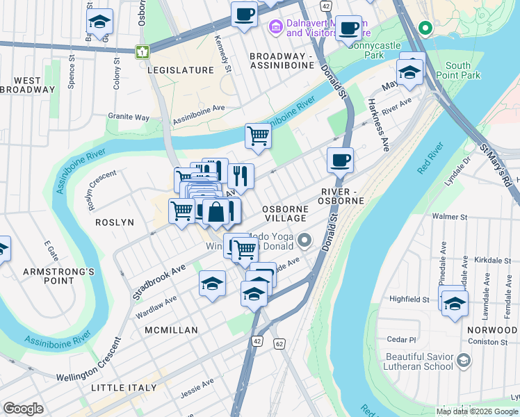 map of restaurants, bars, coffee shops, grocery stores, and more near 117 Bryce Street in Winnipeg