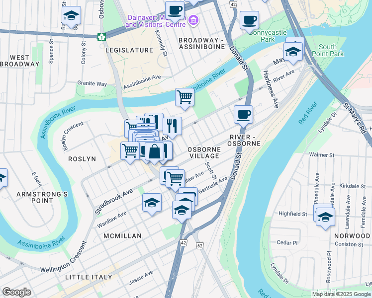 map of restaurants, bars, coffee shops, grocery stores, and more near 117 Bryce Street in Winnipeg